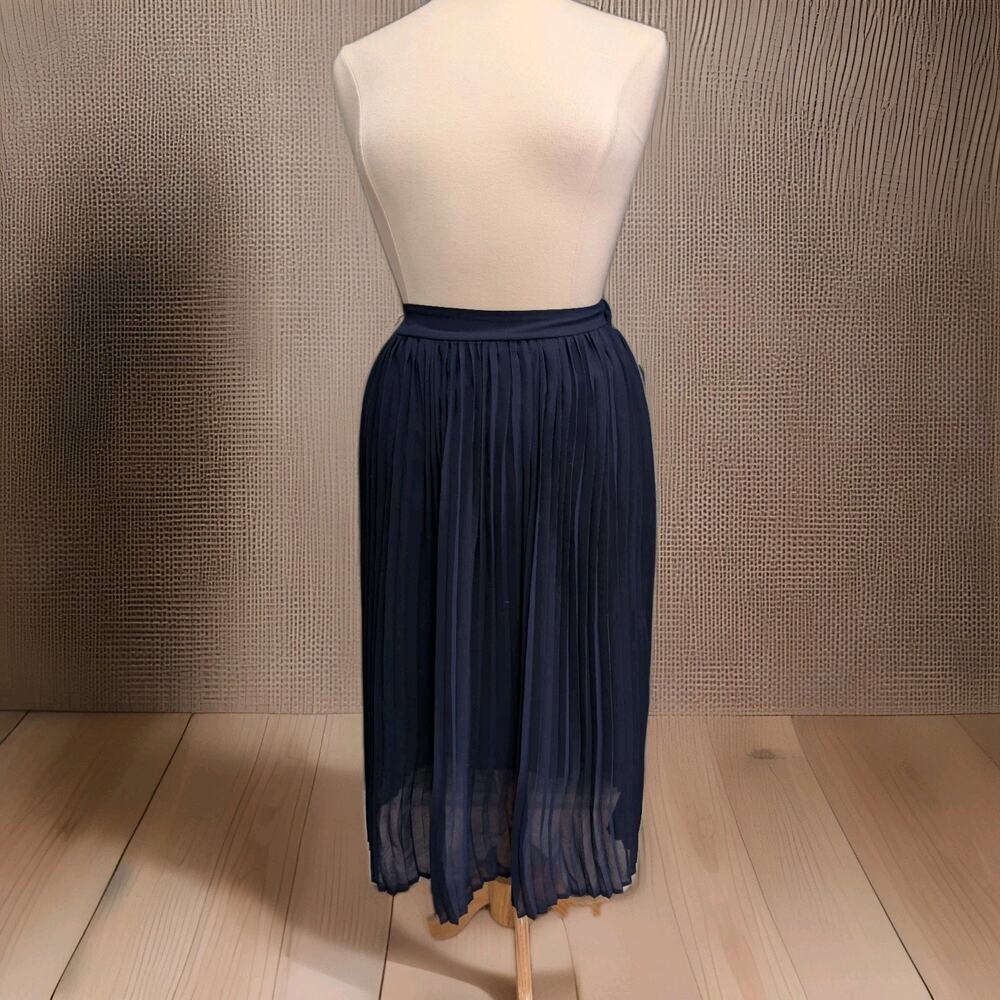 Avon Navy Blue Midi Chiffon Pleated Skirt Modest Cottagecore Medium